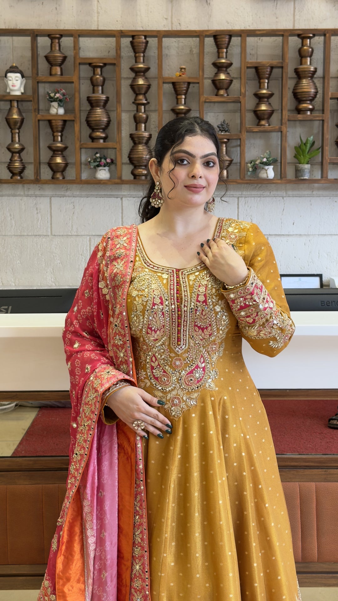 Mustard Gold Designer Anarkali Gown with Hand Embroidery & Rani Pink Dupatta