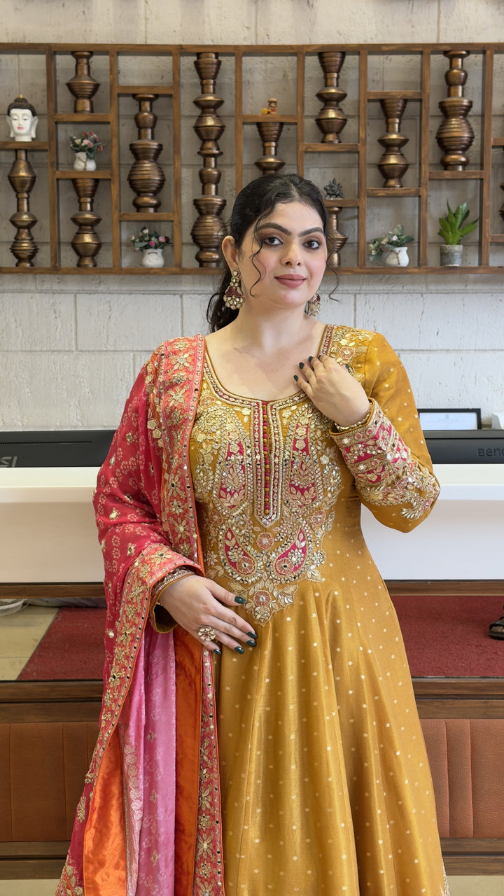 Mustard Gold Designer Anarkali Gown with Hand Embroidery & Rani Pink Dupatta