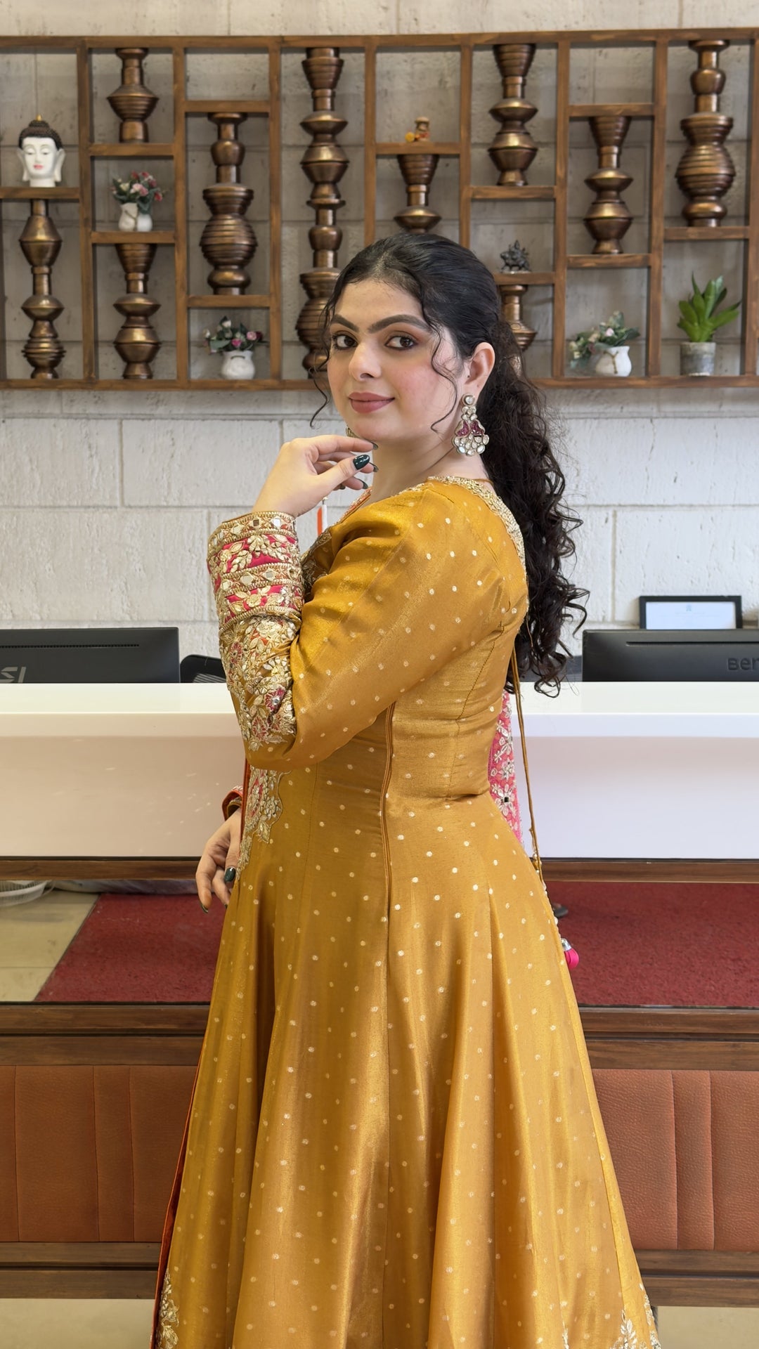 Mustard Gold Designer Anarkali Gown with Hand Embroidery & Rani Pink Dupatta