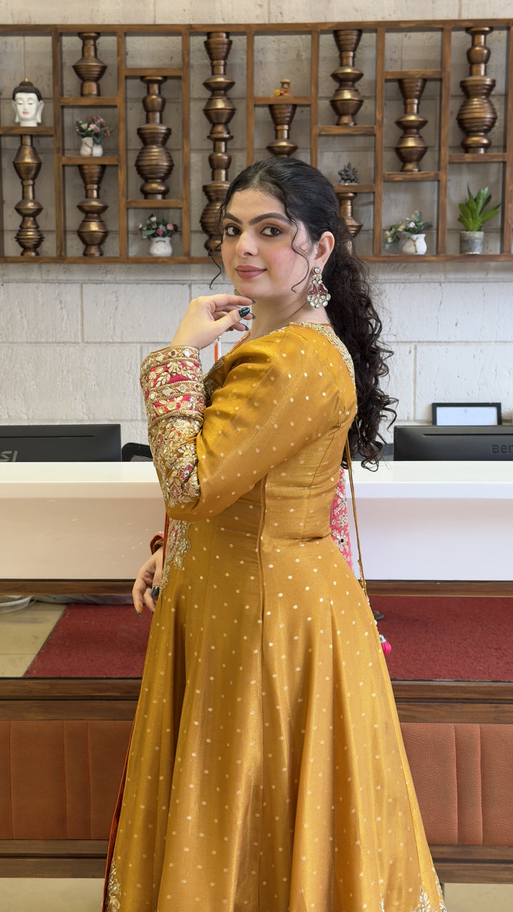 Mustard Gold Designer Anarkali Gown with Hand Embroidery & Rani Pink Dupatta