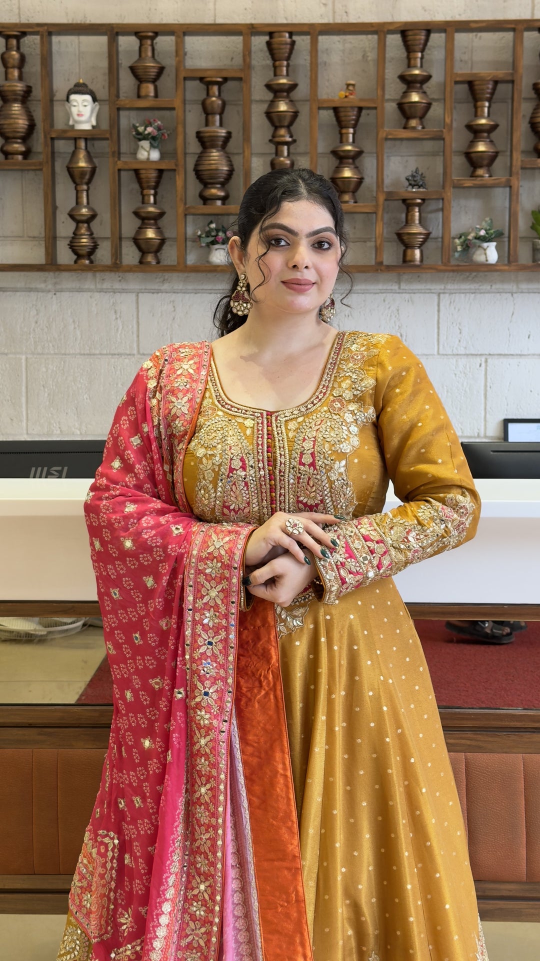 Mustard Gold Designer Anarkali Gown with Hand Embroidery & Rani Pink Dupatta