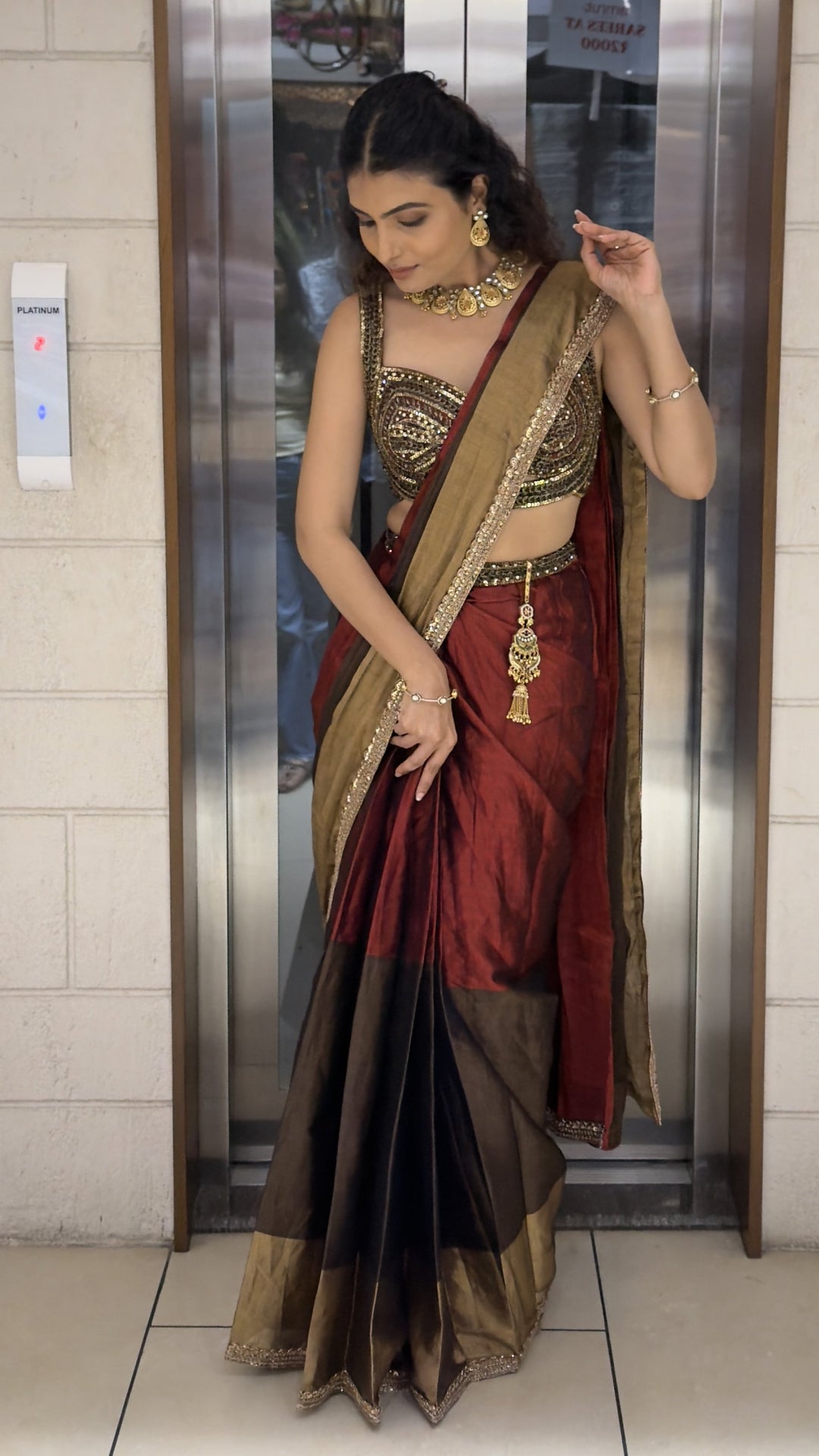 Wine & Black Ready-to-Wear Saree with Embellished Designer Blouse