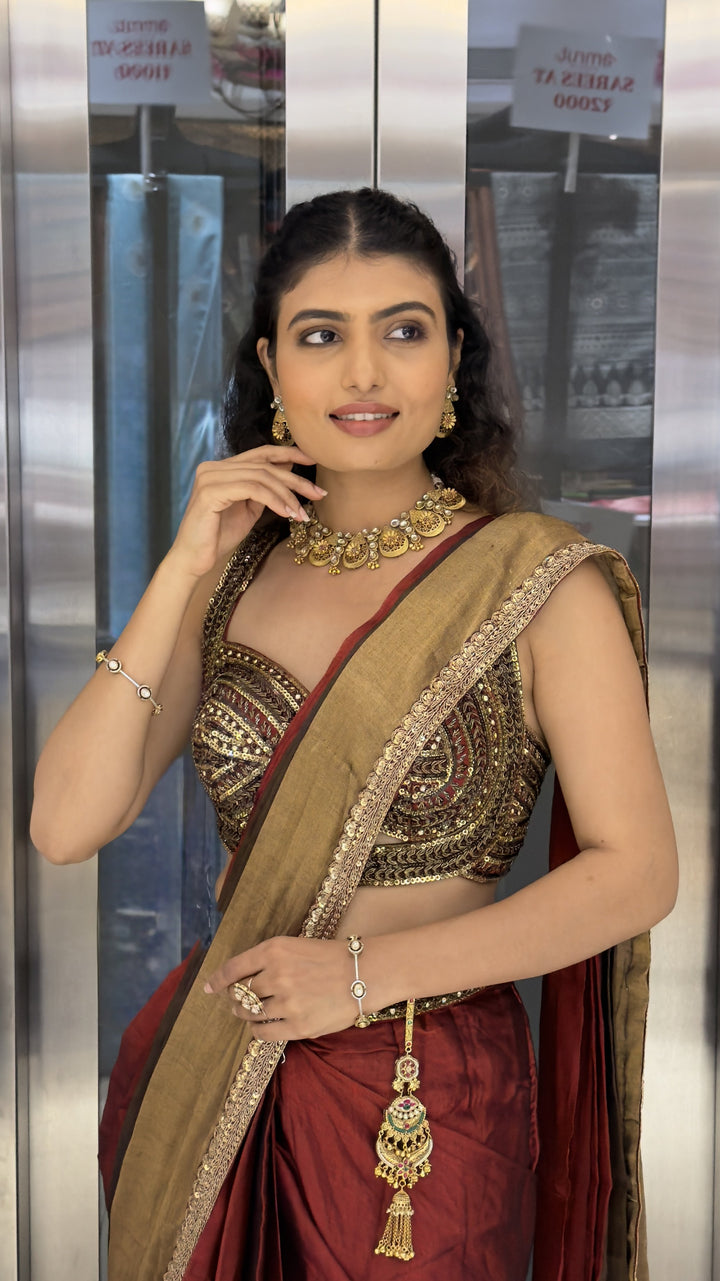 Wine & Black Ready-to-Wear Saree with Embellished Designer Blouse