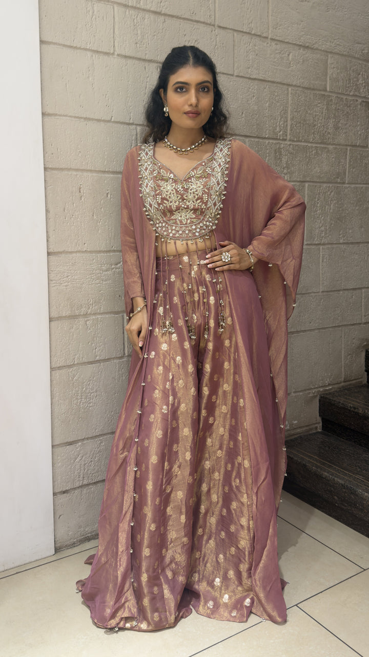 Dusty Mauve Designer Lehenga Set with Embroidered Blouse & Elegant Cape Dupatta