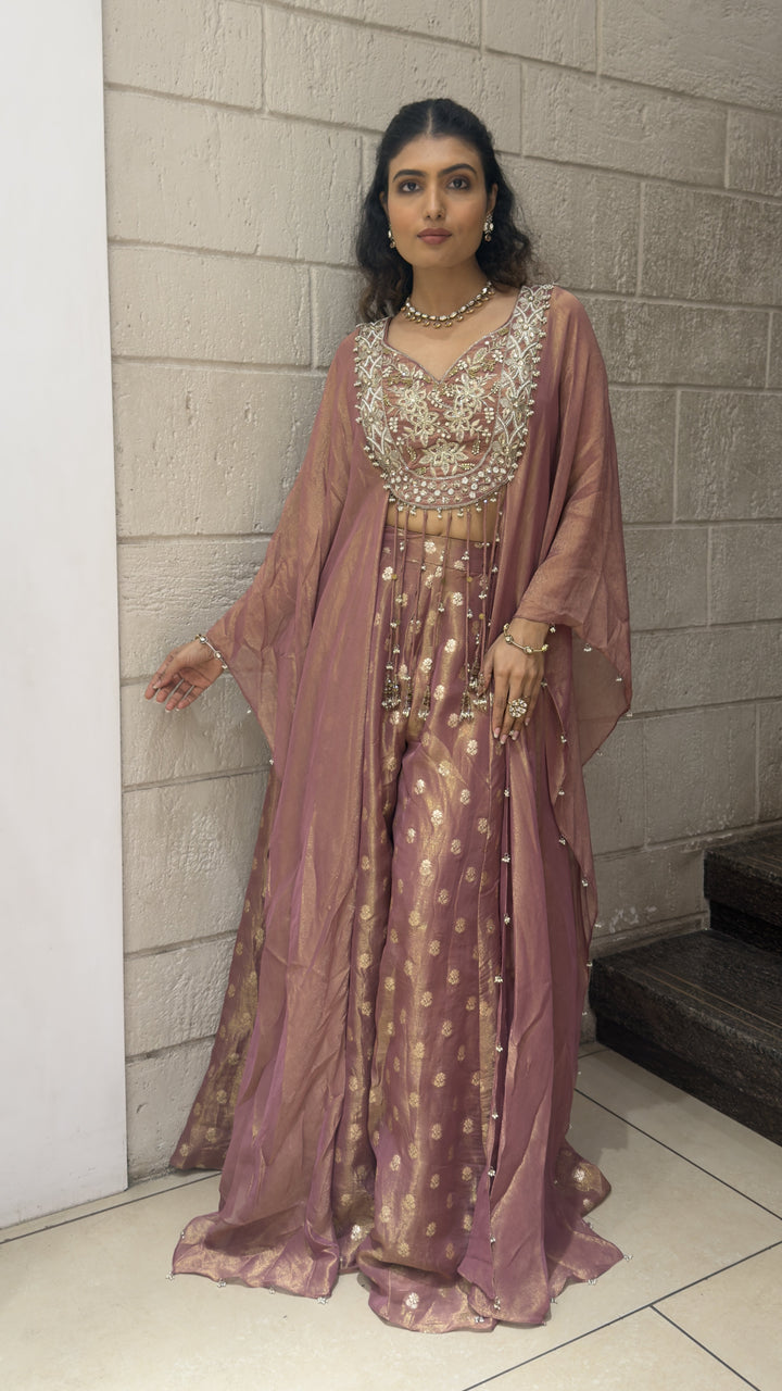 Dusty Mauve Designer Lehenga Set with Embroidered Blouse & Elegant Cape Dupatta