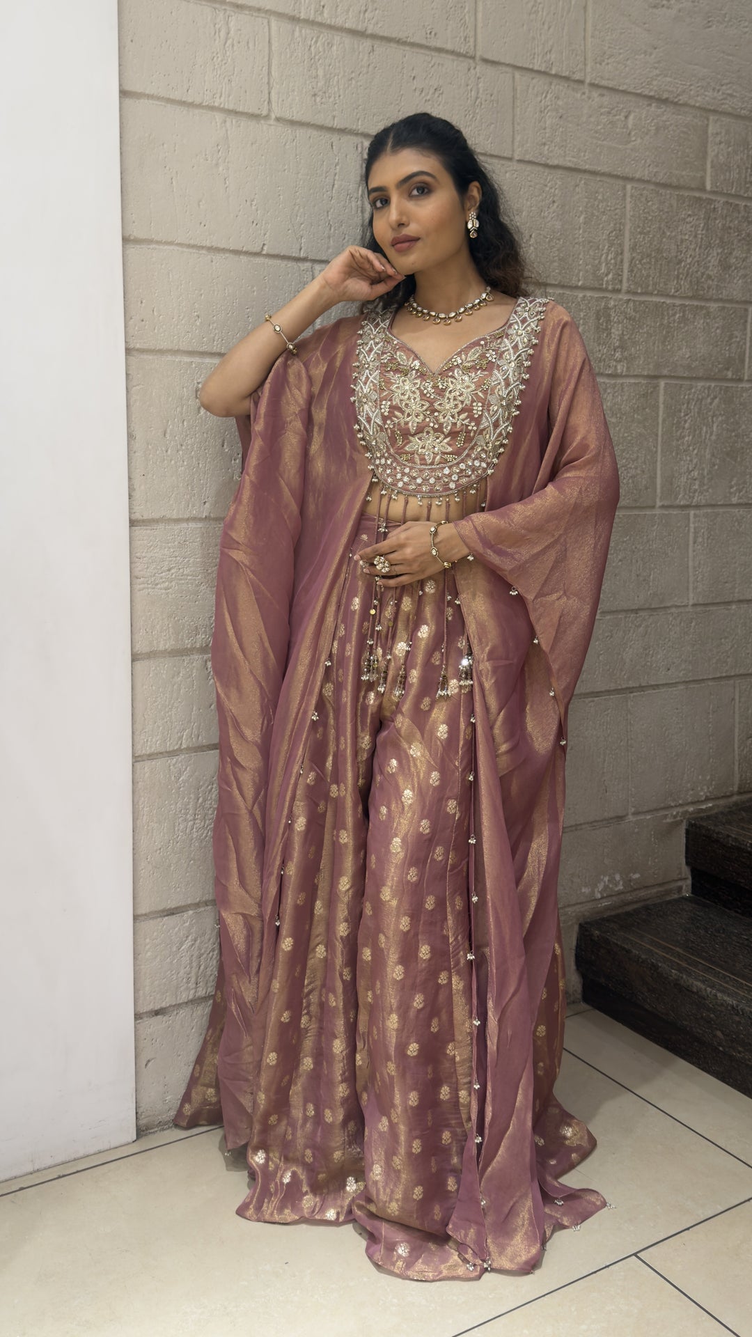 Dusty Mauve Designer Lehenga Set with Embroidered Blouse & Elegant Cape Dupatta