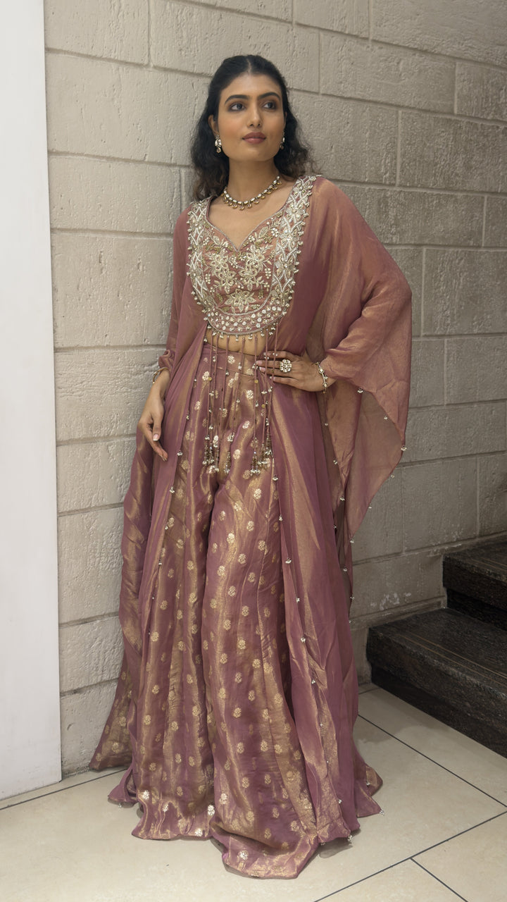 Dusty Mauve Designer Lehenga Set with Embroidered Blouse & Elegant Cape Dupatta