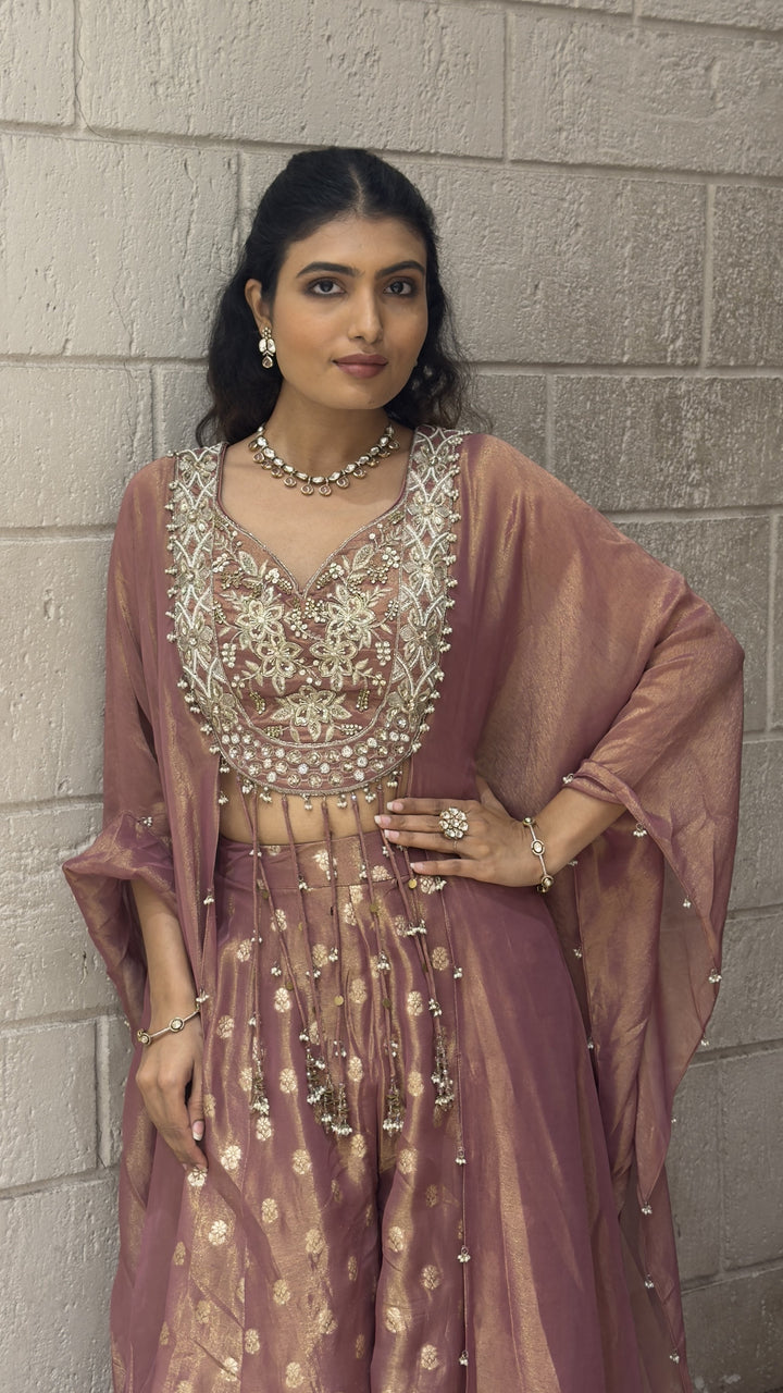 Dusty Mauve Designer Lehenga Set with Embroidered Blouse & Elegant Cape Dupatta