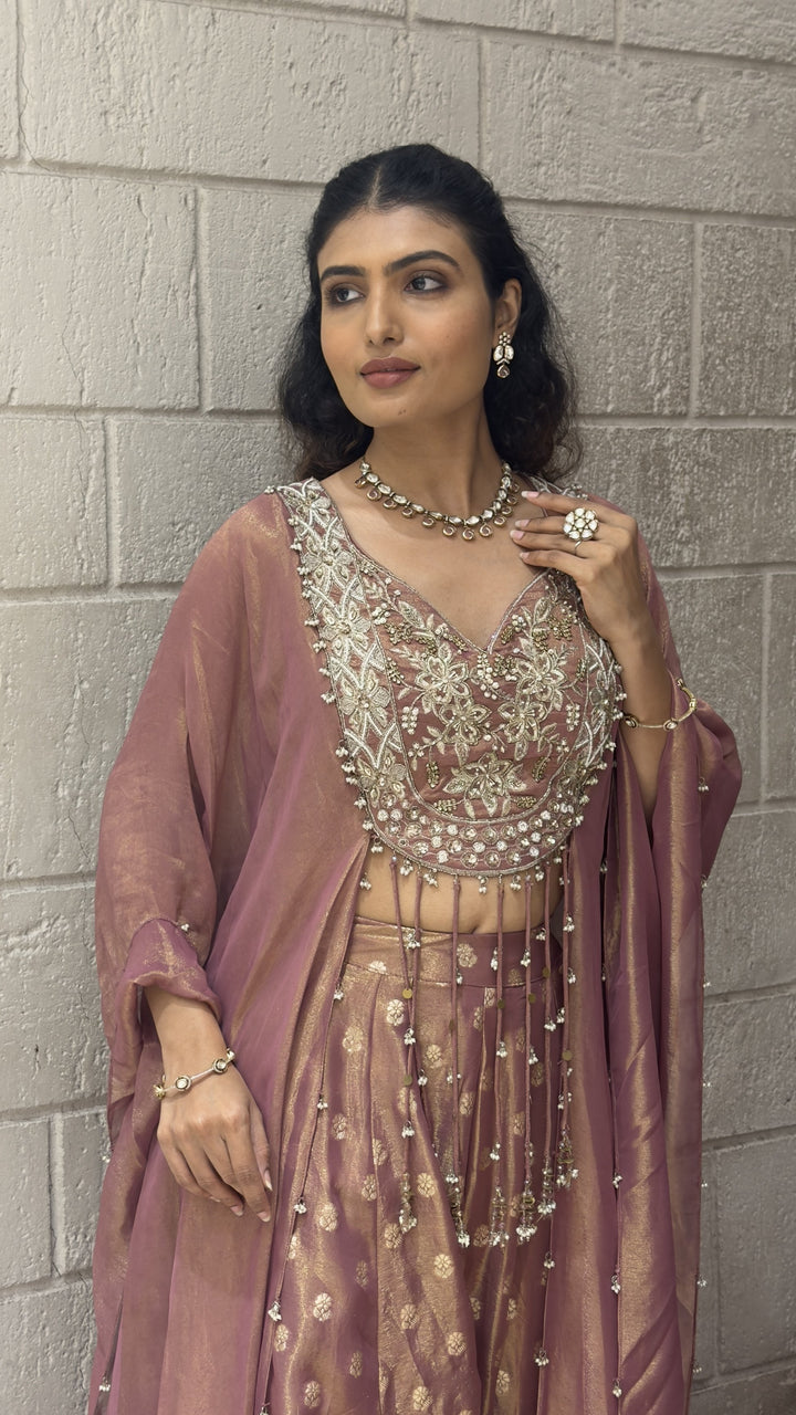 Dusty Mauve Designer Lehenga Set with Embroidered Blouse & Elegant Cape Dupatta