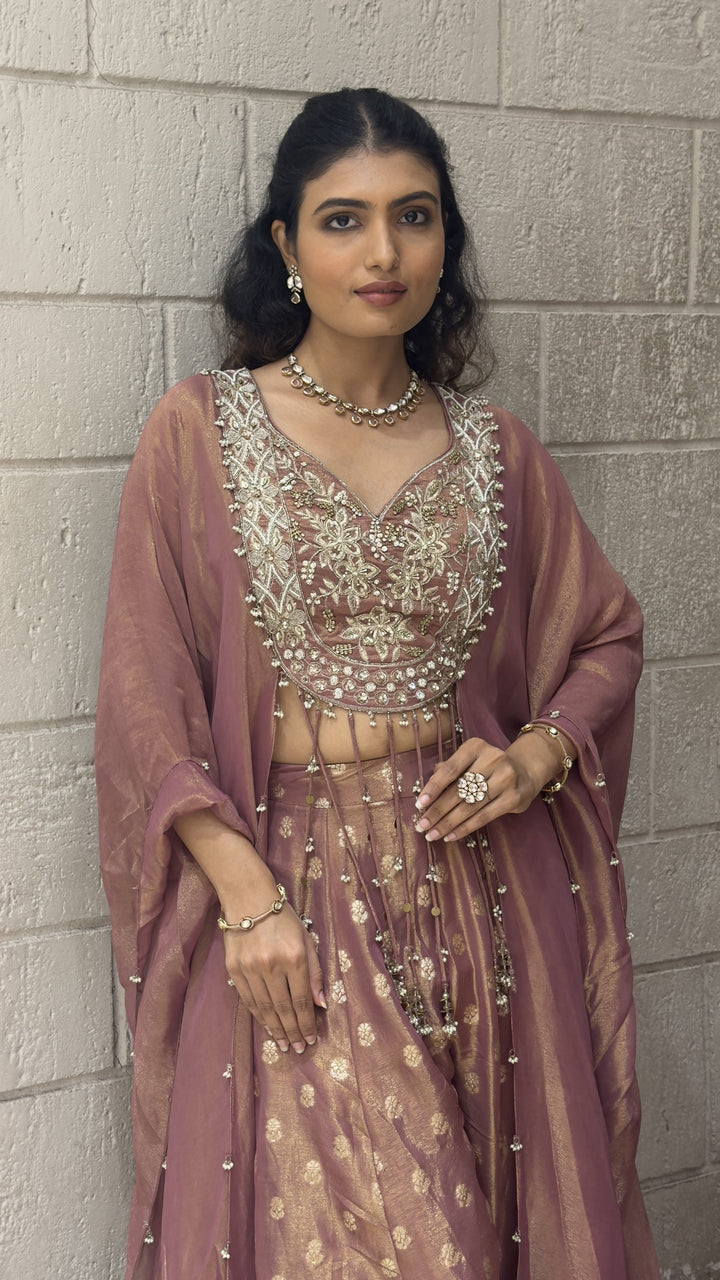 Dusty Mauve Designer Lehenga Set with Embroidered Blouse & Elegant Cape Dupatta