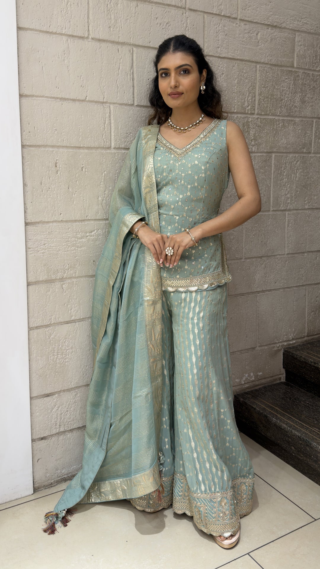 Sky Blue Designer Palazzo Suit Set with Woven Dupatta