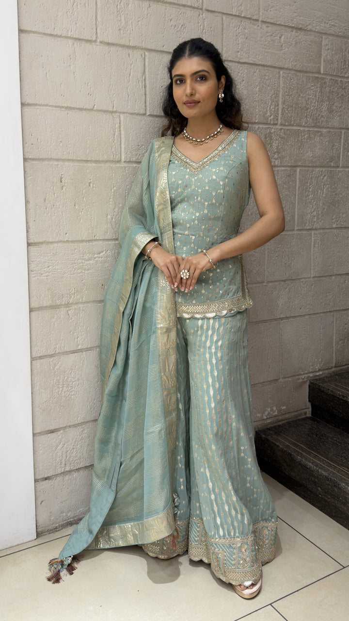Sky Blue Designer Palazzo Suit Set with Woven Dupatta