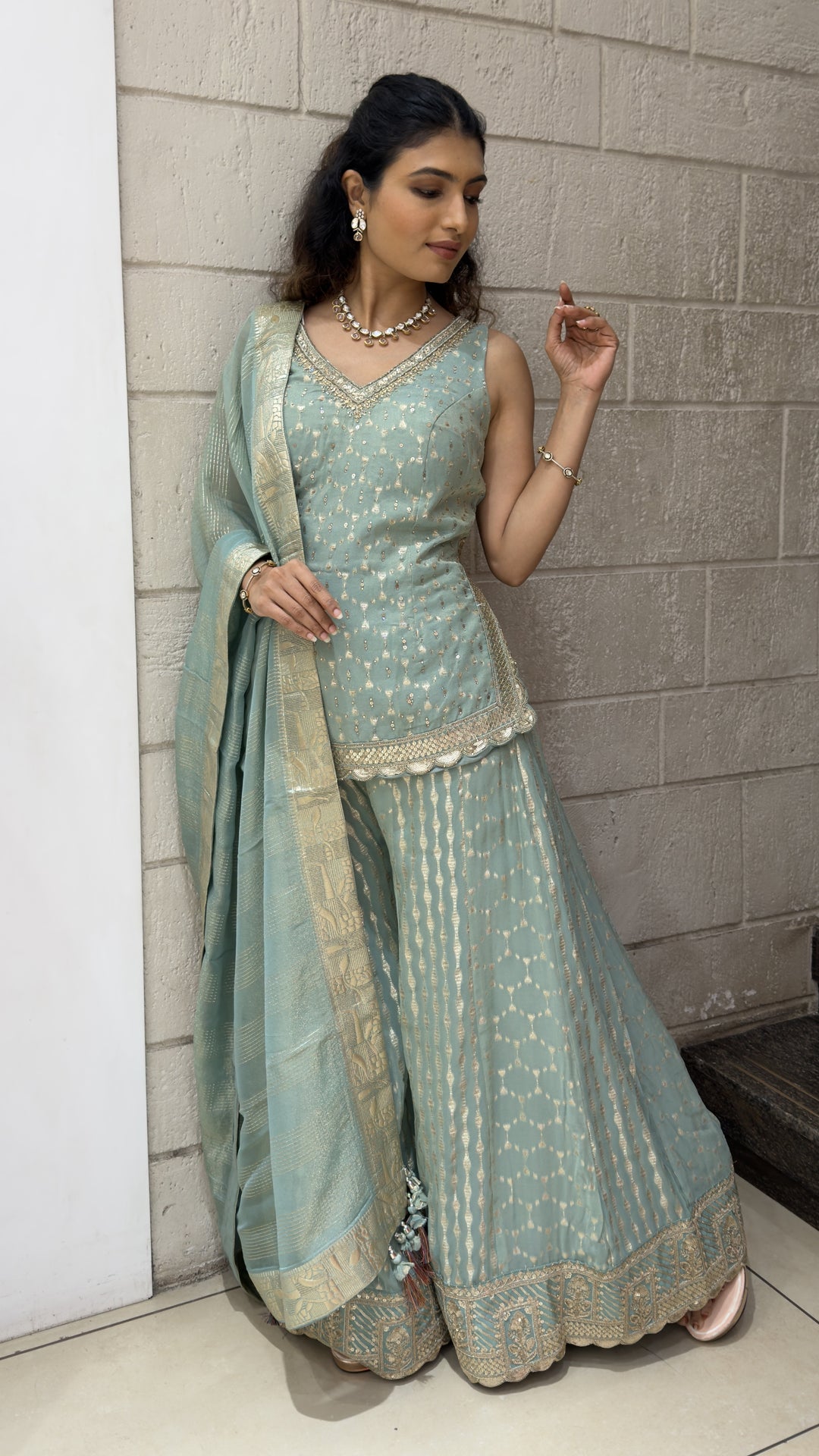 Sky Blue Designer Palazzo Suit Set with Woven Dupatta