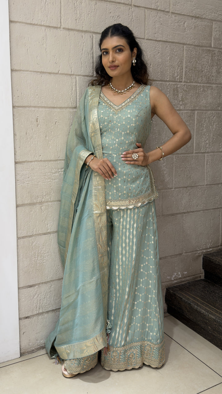 Sky Blue Designer Palazzo Suit Set with Woven Dupatta