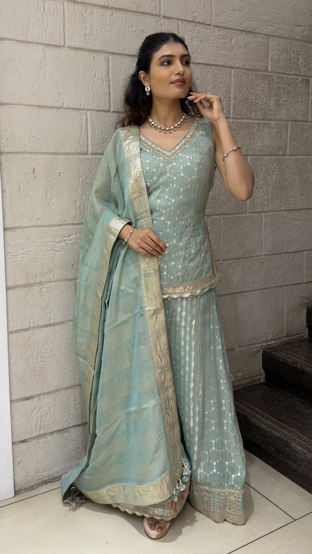 Sky Blue Designer Palazzo Suit Set with Woven Dupatta
