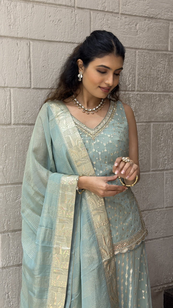 Sky Blue Designer Palazzo Suit Set with Woven Dupatta