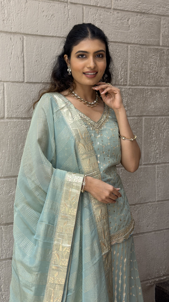 Sky Blue Designer Palazzo Suit Set with Woven Dupatta