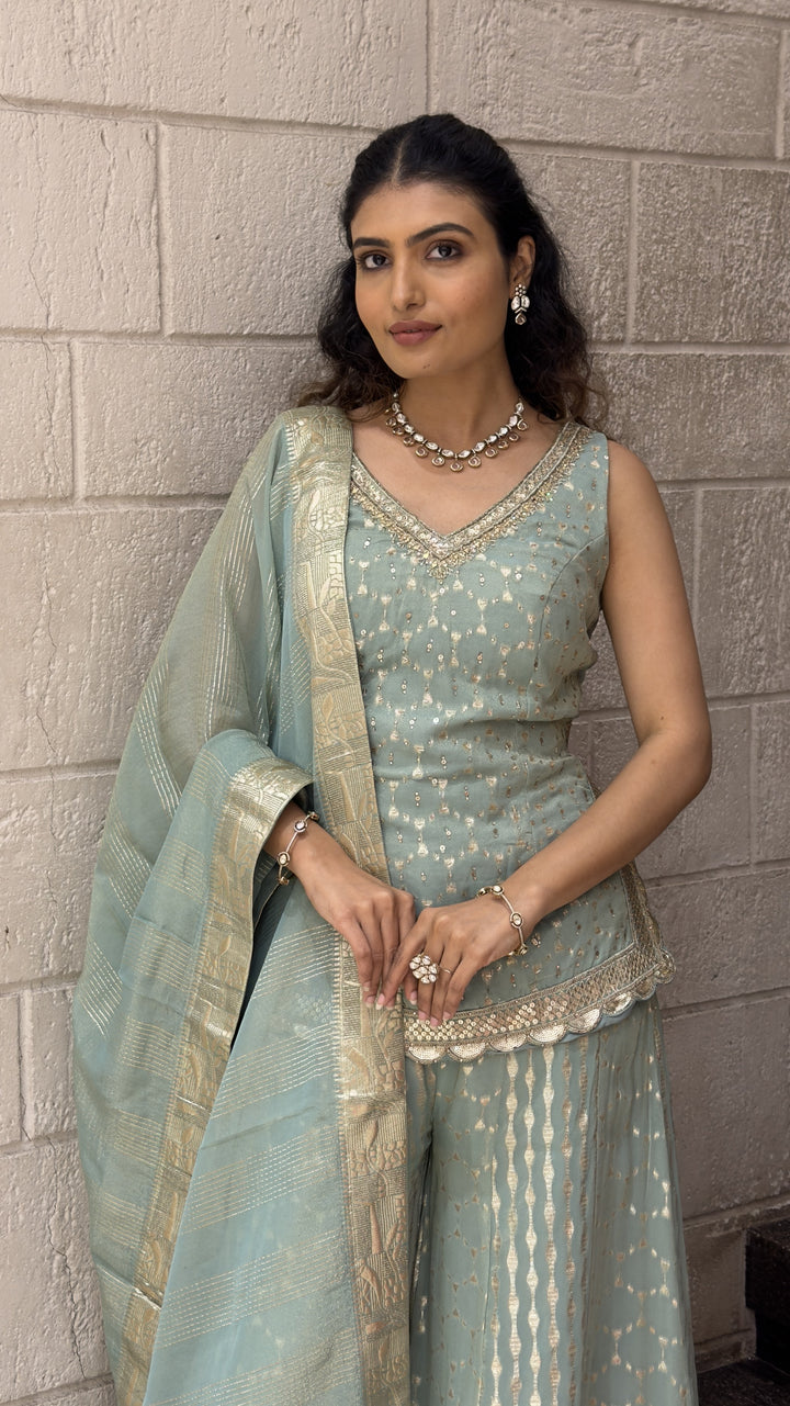 Sky Blue Designer Palazzo Suit Set with Woven Dupatta