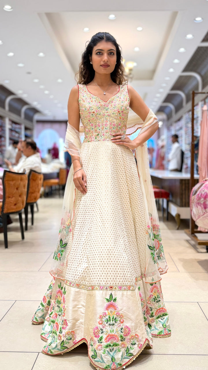 Ivory Floral Embroidered Designer Lehenga Set with Dupatta