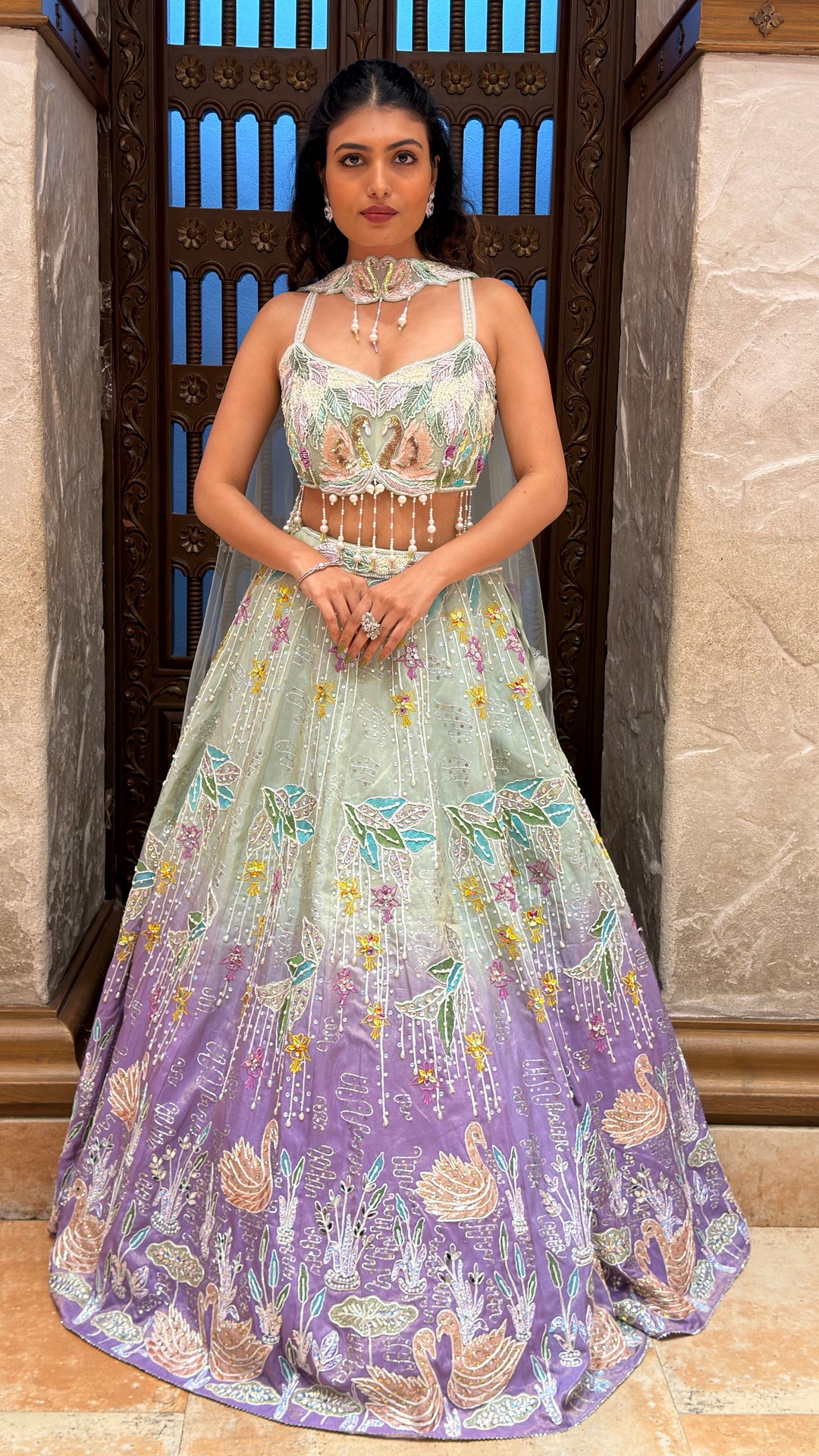 Mint Green & Lavender Swan Embroidered Designer Lehenga Set