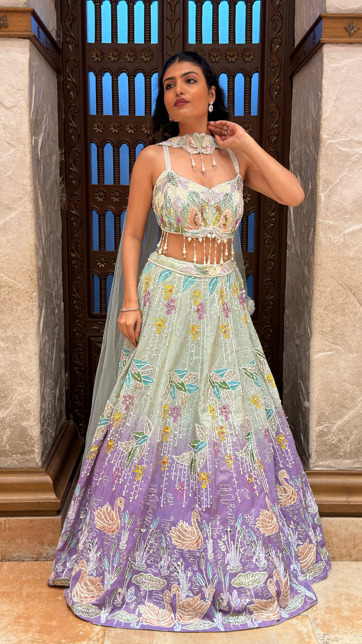Mint Green & Lavender Swan Embroidered Designer Lehenga Set
