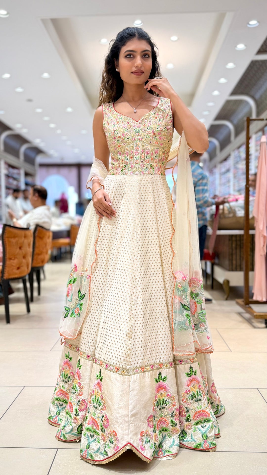 Ivory Floral Embroidered Designer Lehenga Set with Dupatta