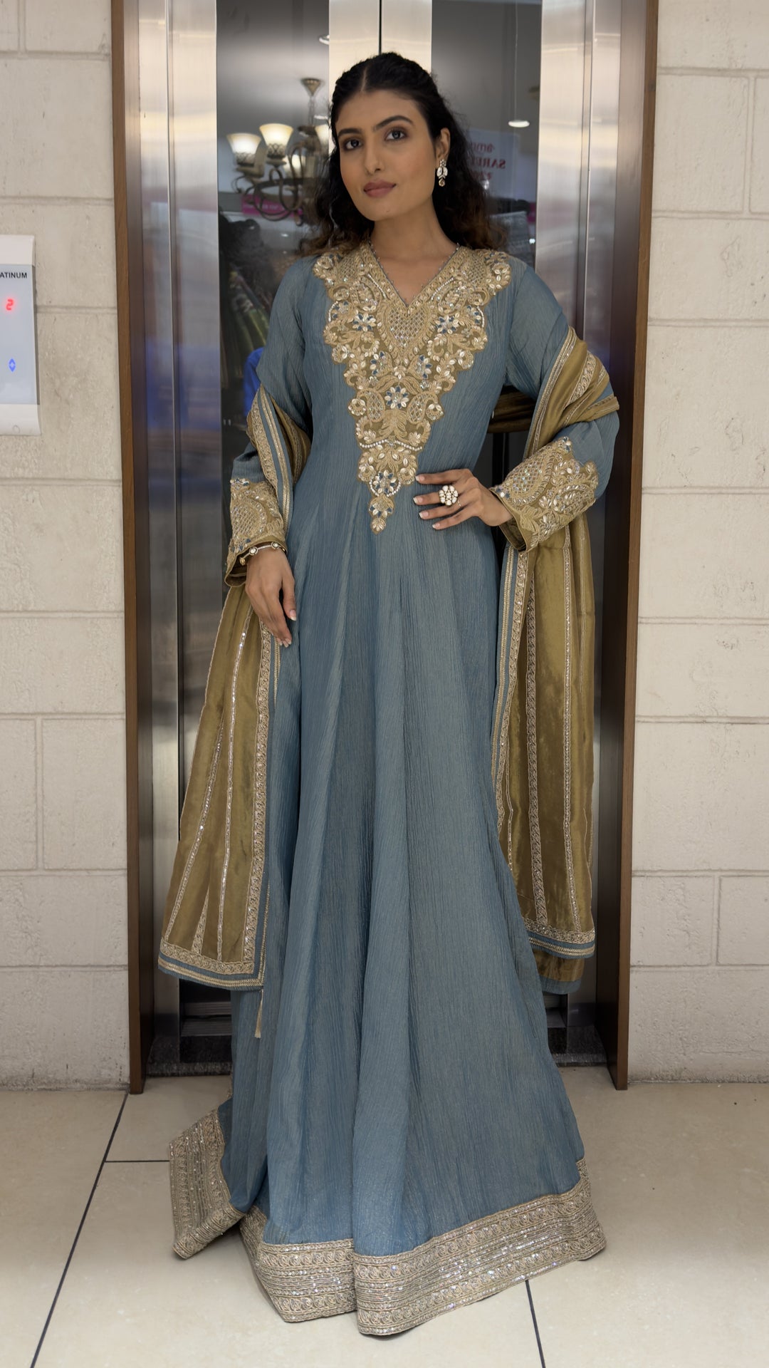Dusty Blue Embroidered Anarkali Suit Set with Designer Dupatta