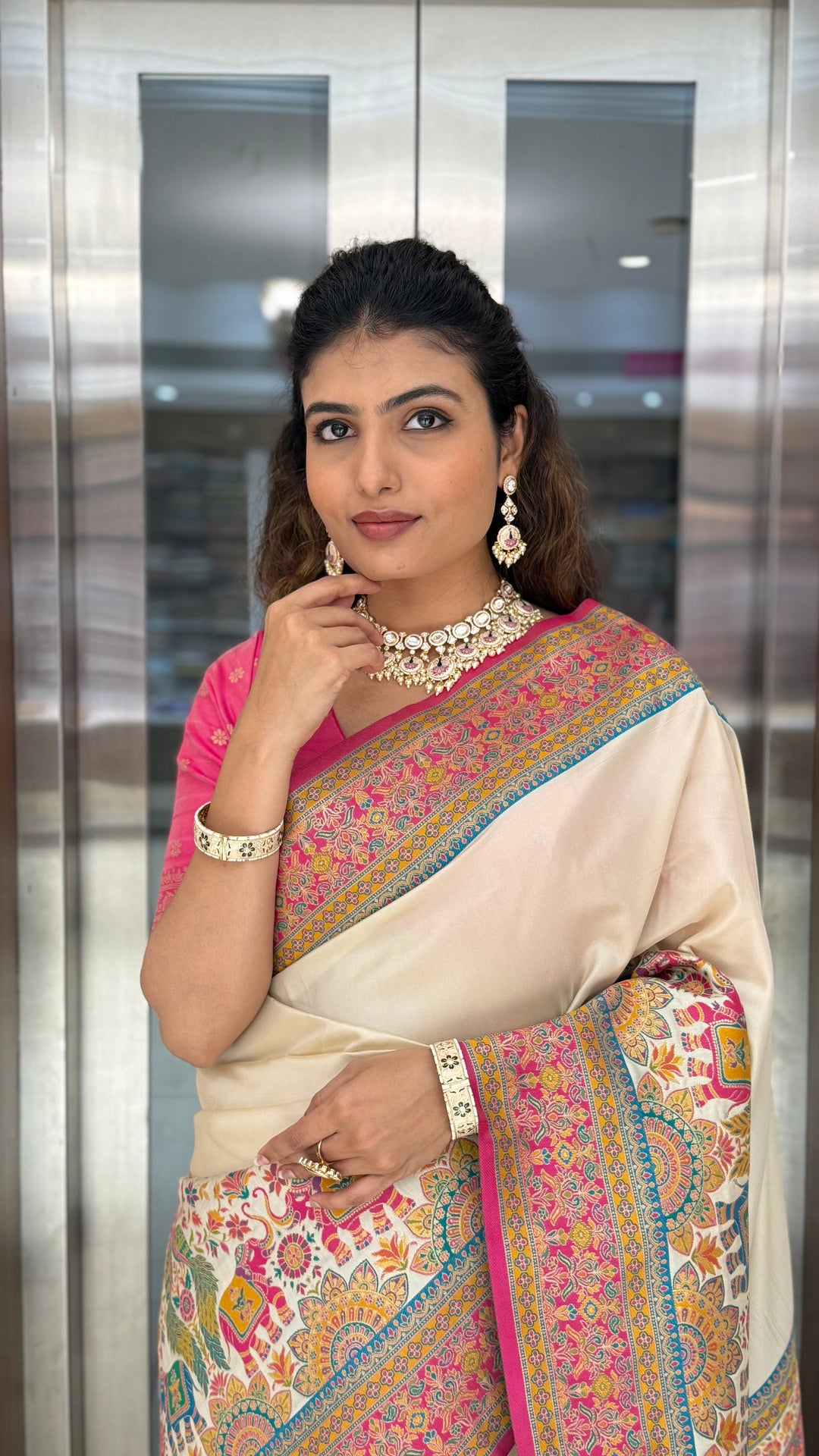 Ivory Banarasi Silk Saree with Multicolor Meenakari Weave & Contrast Pink Border