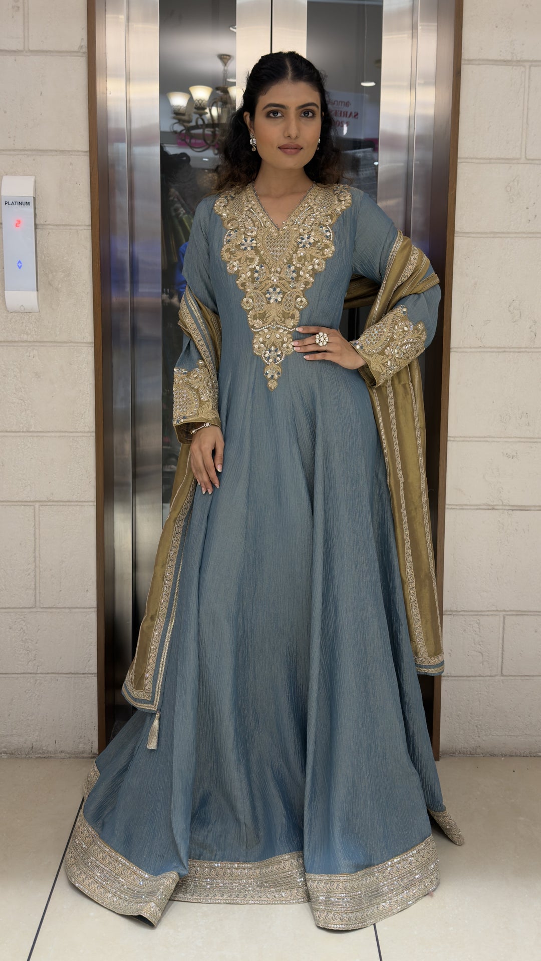 Dusty Blue Embroidered Anarkali Suit Set with Designer Dupatta