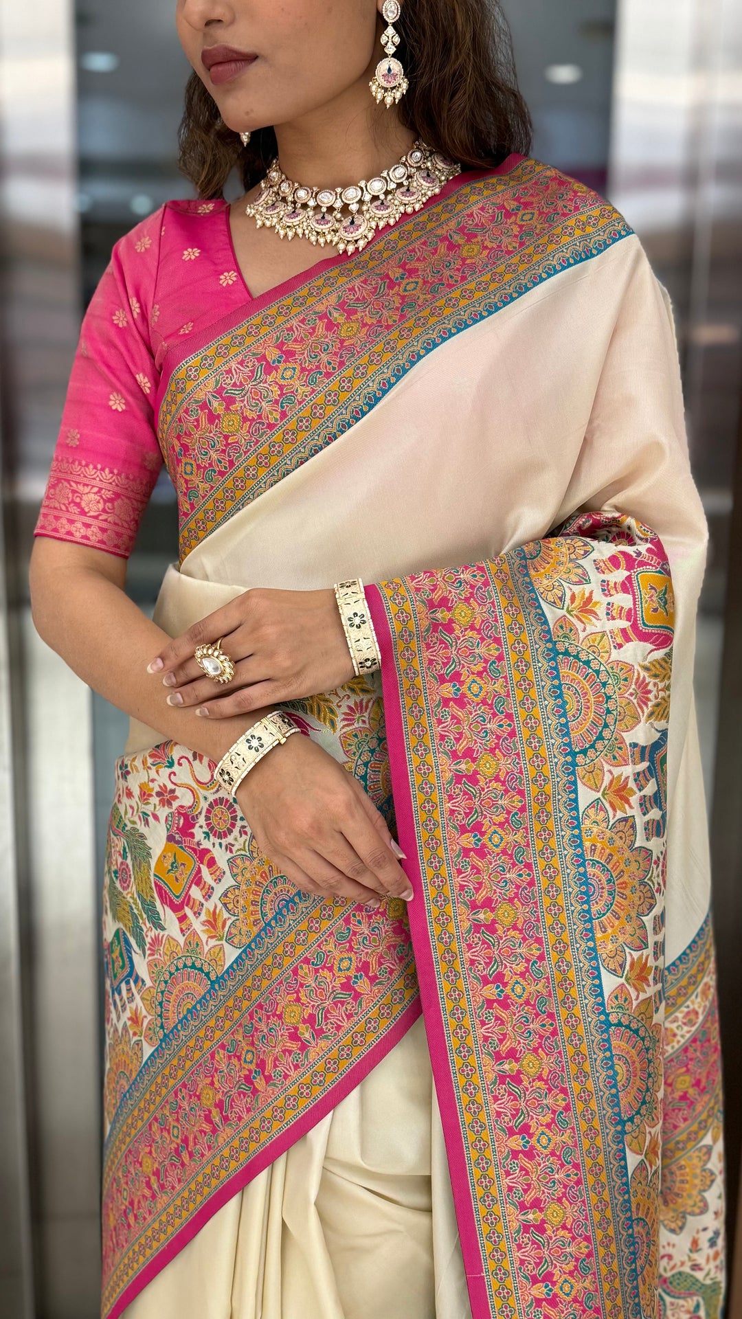 Ivory Banarasi Silk Saree with Multicolor Meenakari Weave & Contrast Pink Border