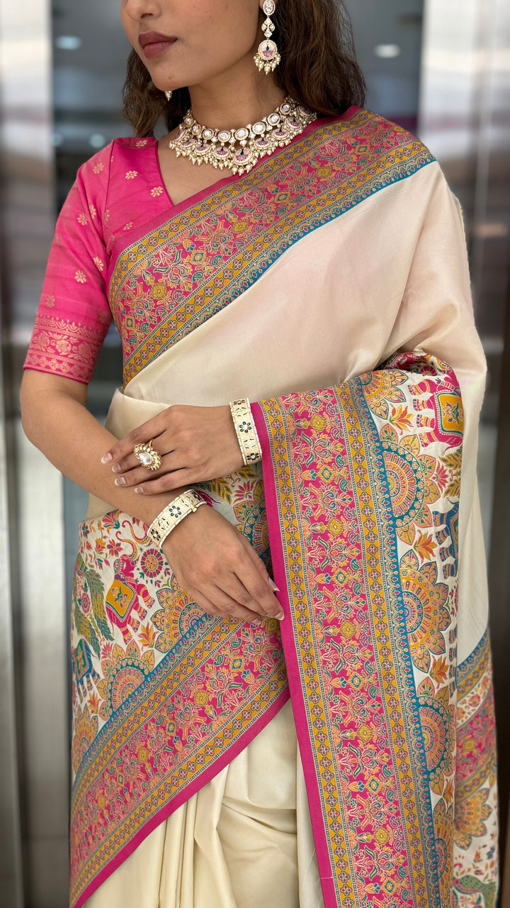 Ivory Banarasi Silk Saree with Multicolor Meenakari Weave & Contrast Pink Border