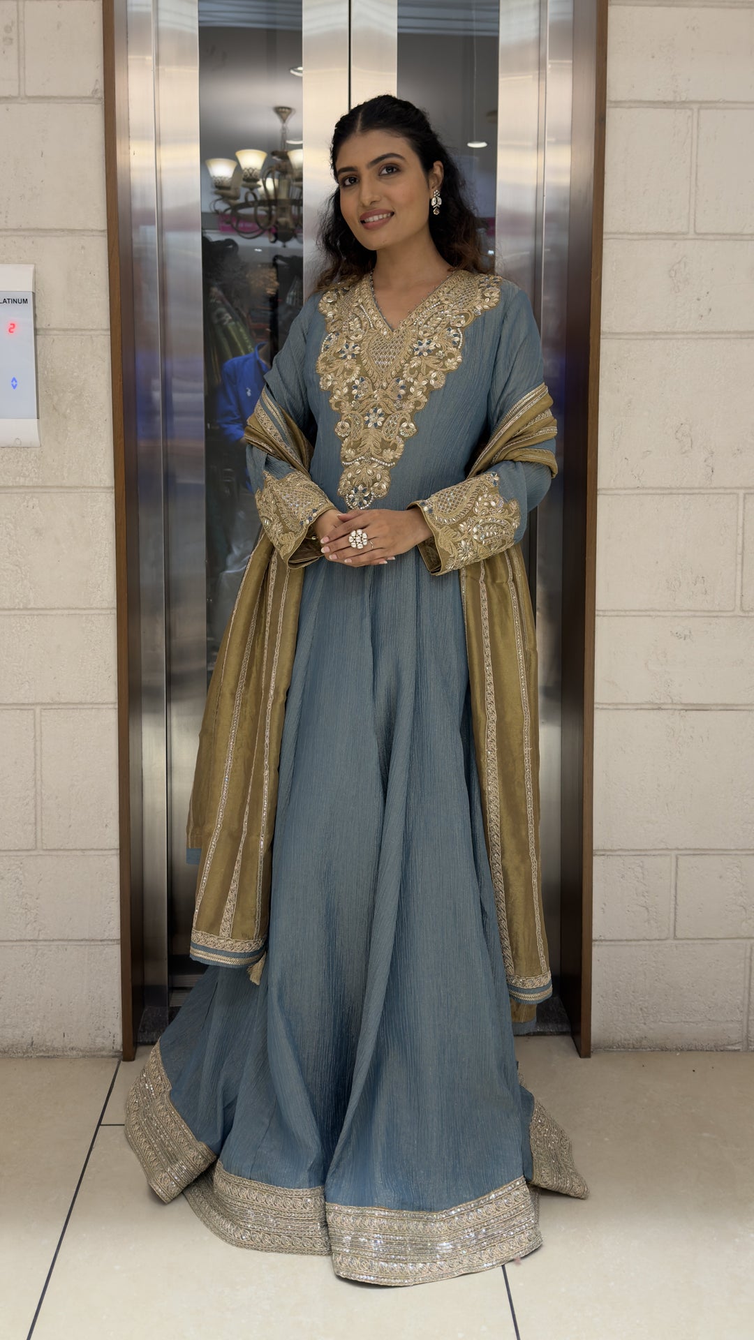 Dusty Blue Embroidered Anarkali Suit Set with Designer Dupatta