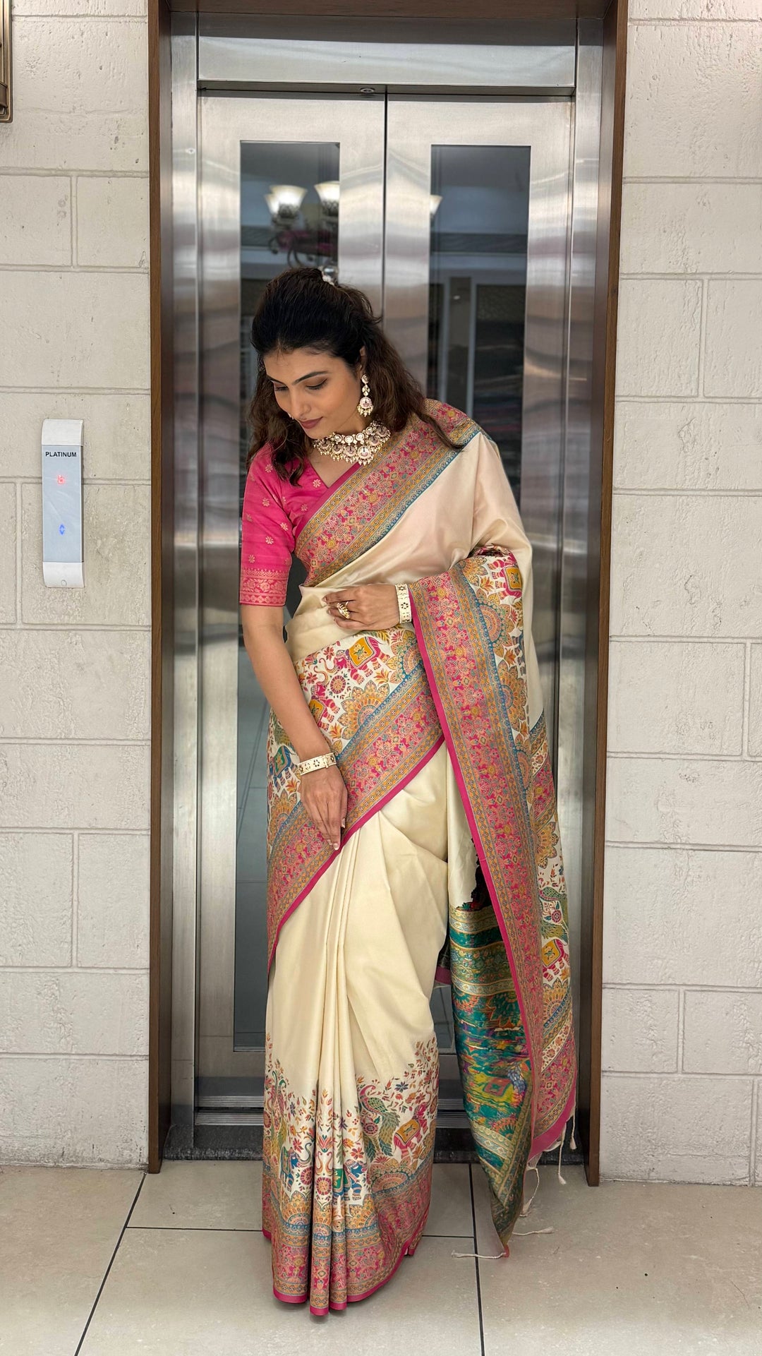 Ivory Banarasi Silk Saree with Multicolor Meenakari Weave & Contrast Pink Border