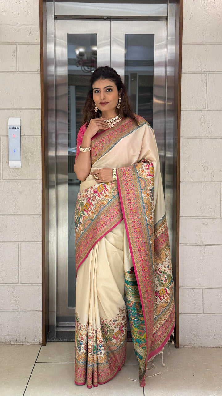 Ivory Banarasi Silk Saree with Multicolor Meenakari Weave & Contrast Pink Border