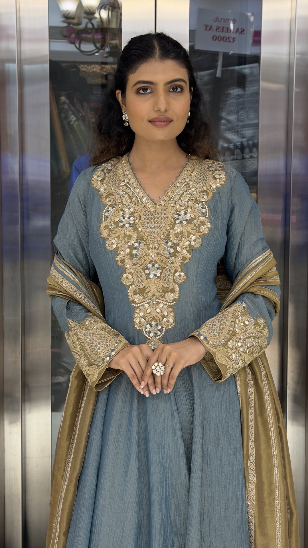 Dusty Blue Embroidered Anarkali Suit Set with Designer Dupatta