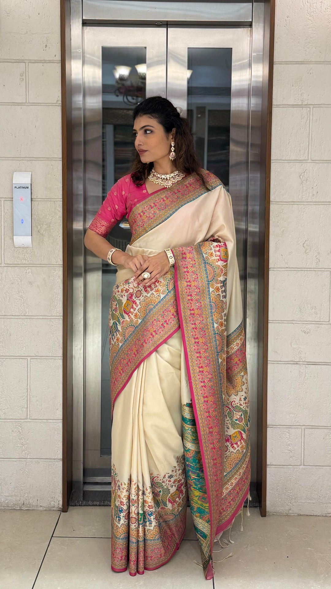 Ivory Banarasi Silk Saree with Multicolor Meenakari Weave & Contrast Pink Border