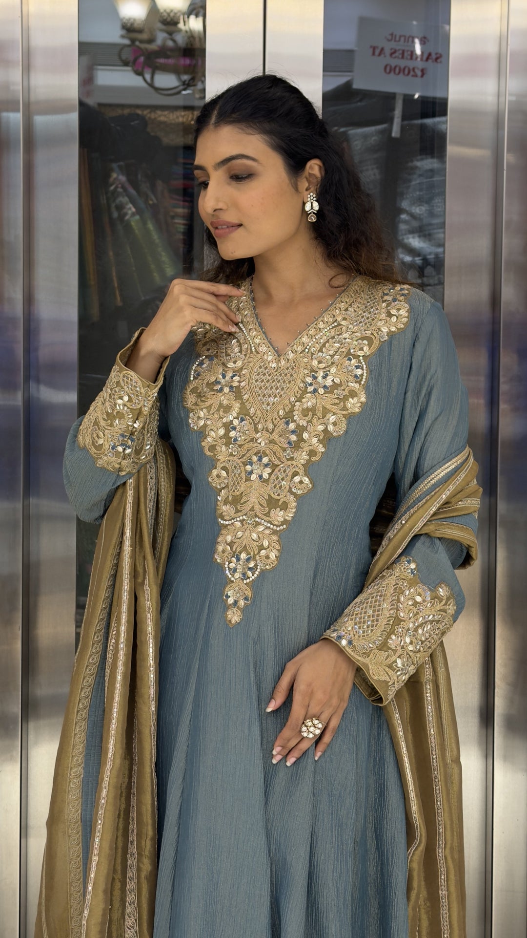 Dusty Blue Embroidered Anarkali Suit Set with Designer Dupatta