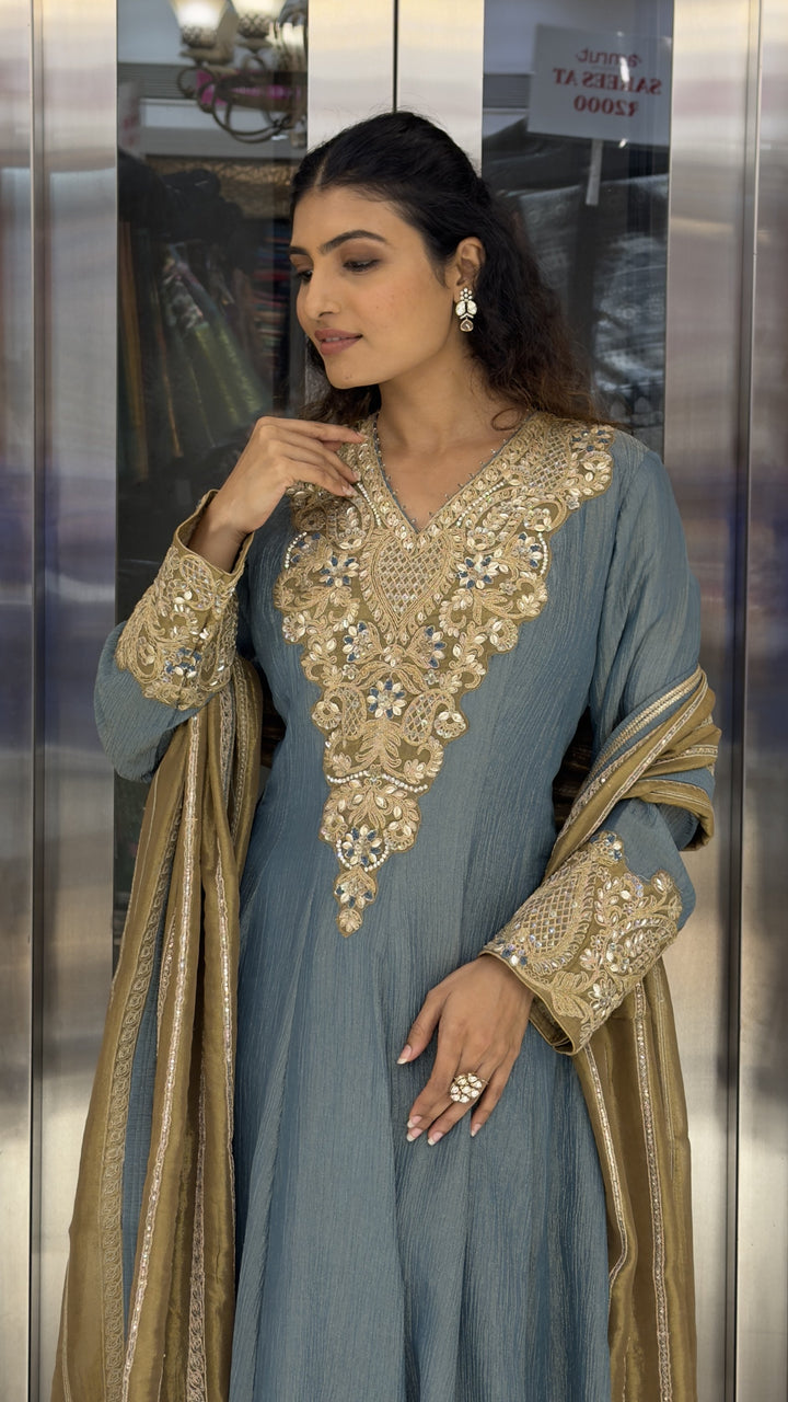 Dusty Blue Embroidered Anarkali Suit Set with Designer Dupatta