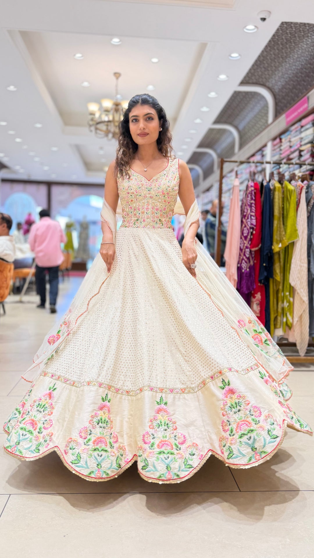 Ivory Floral Embroidered Designer Lehenga Set with Dupatta