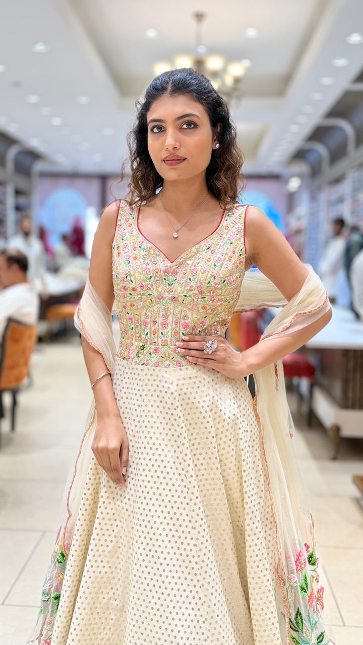Ivory Floral Embroidered Designer Lehenga Set with Dupatta