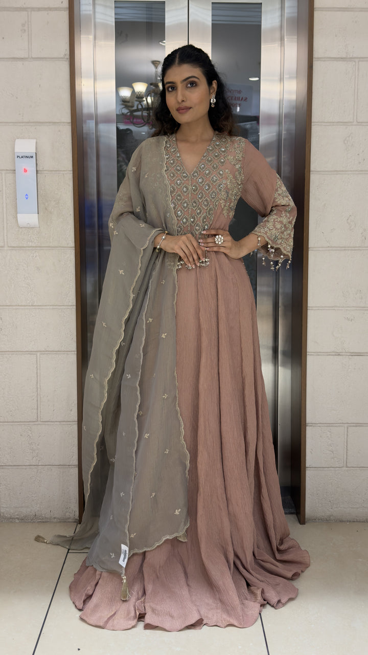 Dusty Rose Embroidered Anarkali Suit Set with Grey Designer Dupatta