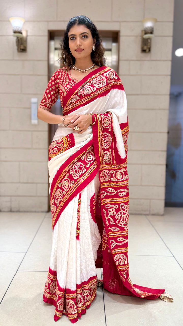 White & Red Traditional Designer Saree with Embroidered Border and Matching Blouse