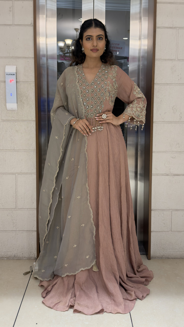 Dusty Rose Embroidered Anarkali Suit Set with Grey Designer Dupatta