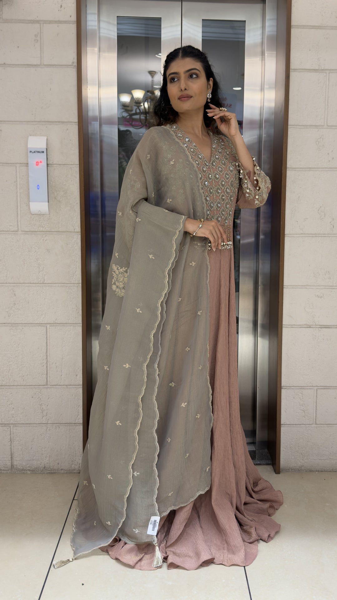 Dusty Rose Embroidered Anarkali Suit Set with Grey Designer Dupatta