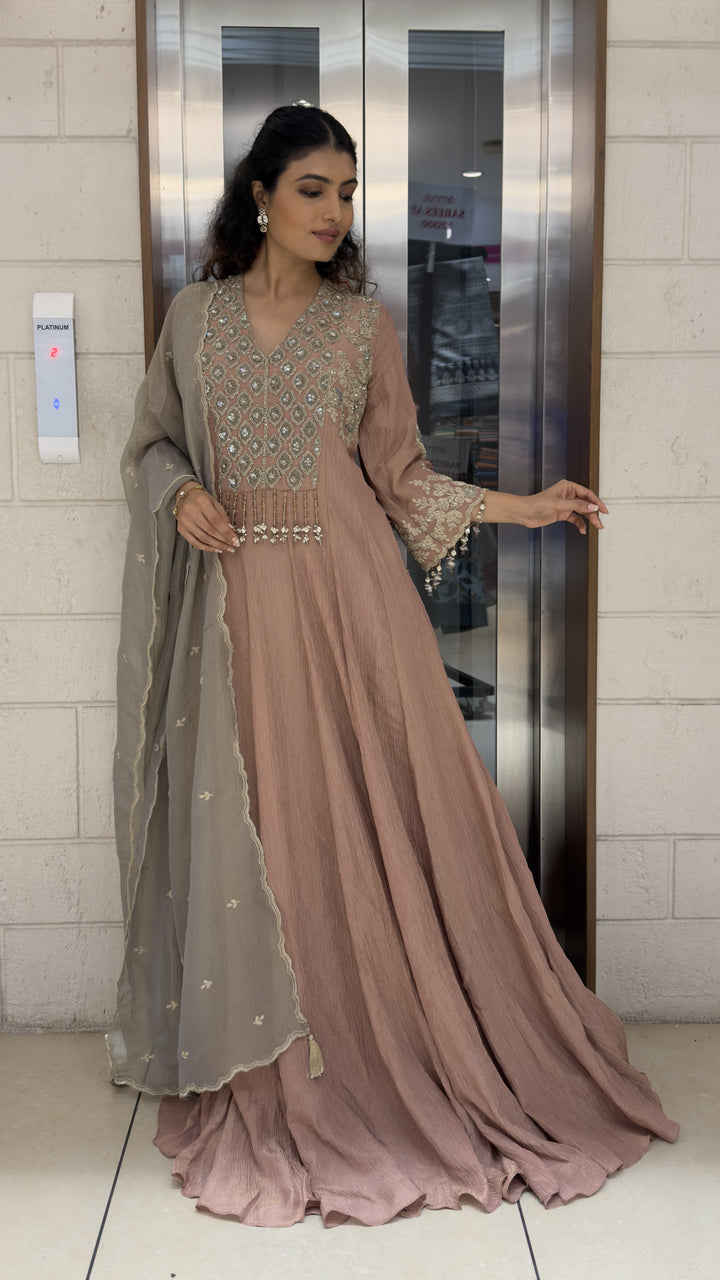 Dusty Rose Embroidered Anarkali Suit Set with Grey Designer Dupatta
