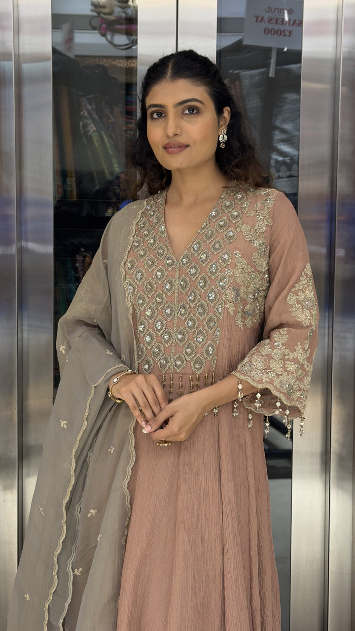 Dusty Rose Embroidered Anarkali Suit Set with Grey Designer Dupatta