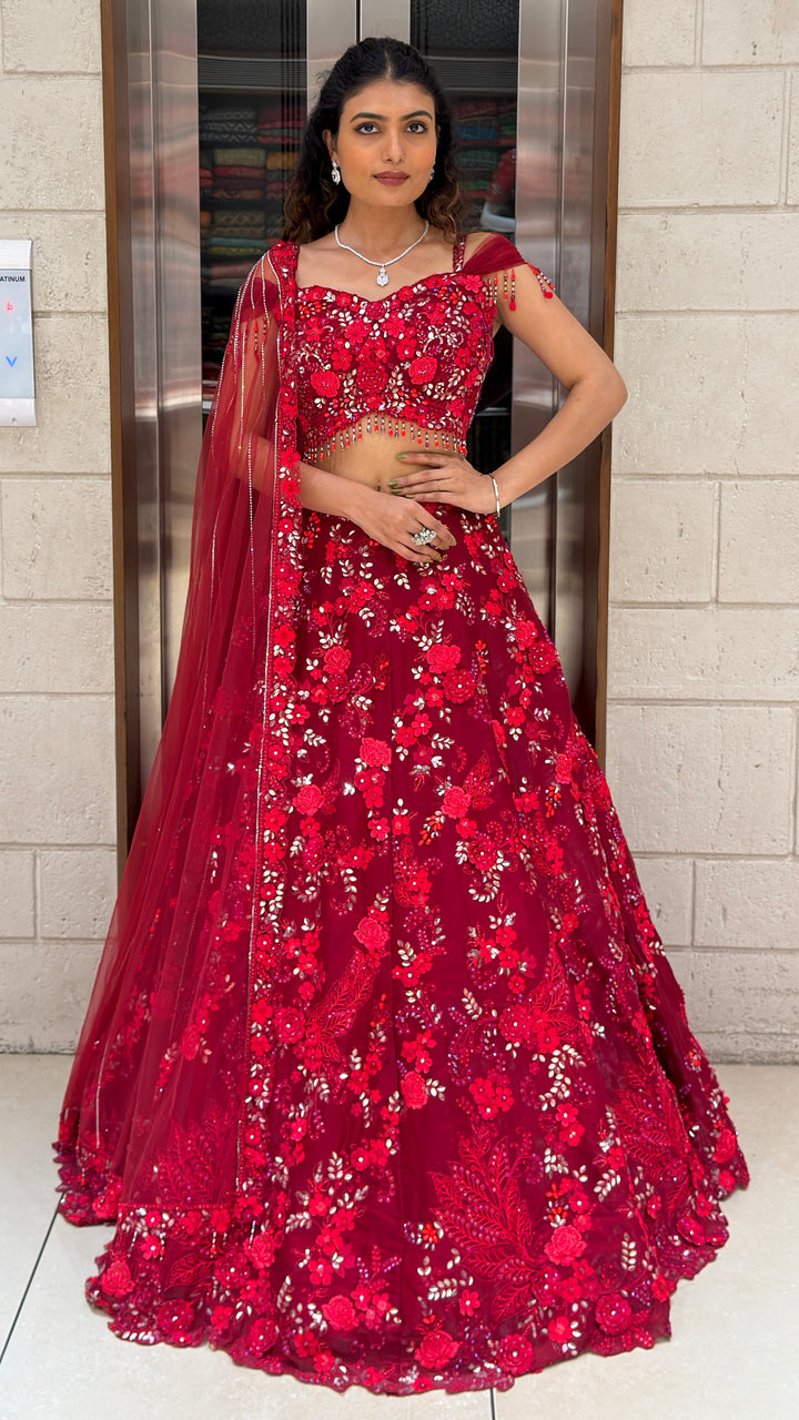 Ruby Red Floral Embroidered Bridal Lehenga Set