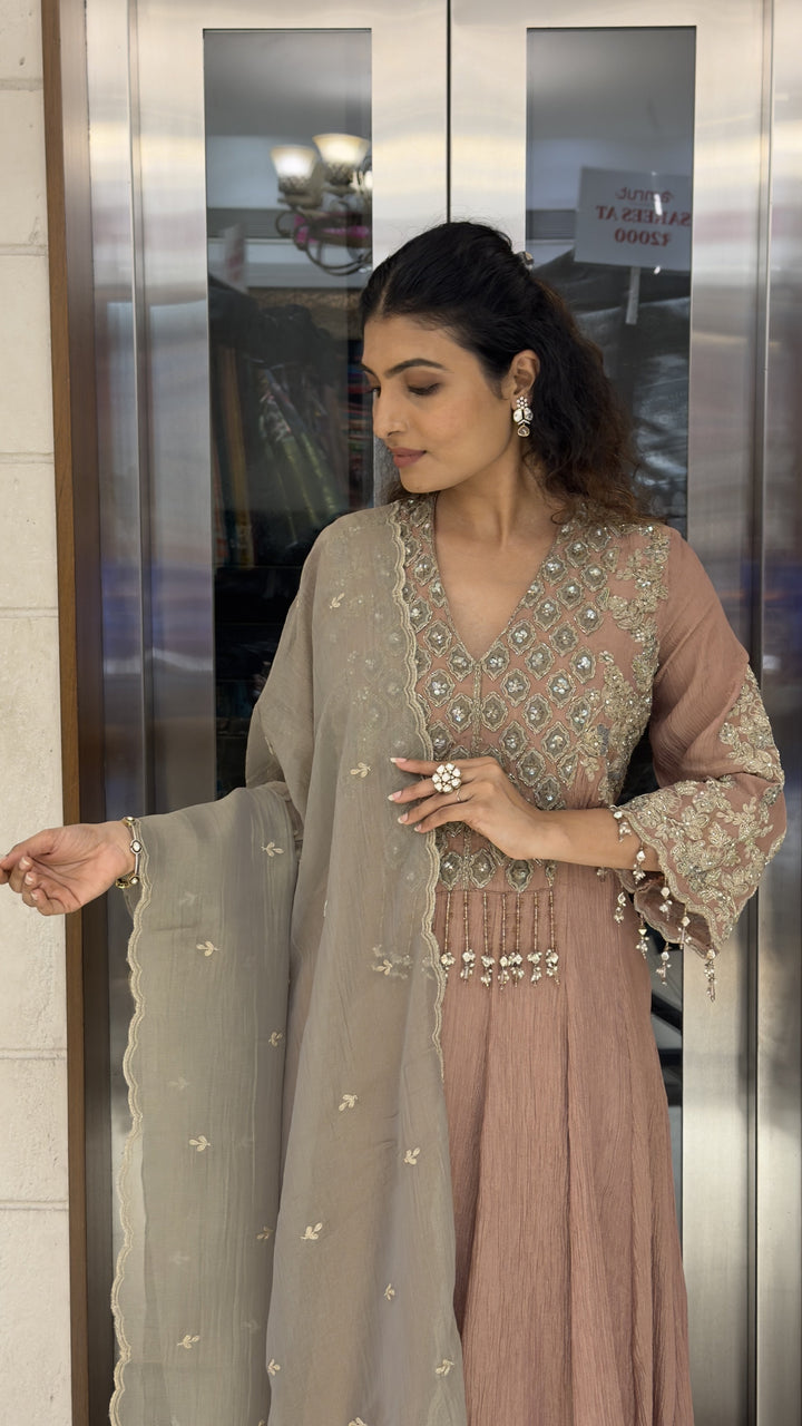 Dusty Rose Embroidered Anarkali Suit Set with Grey Designer Dupatta