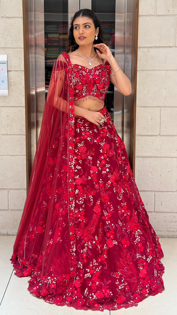 Ruby Red Floral Embroidered Bridal Lehenga Set