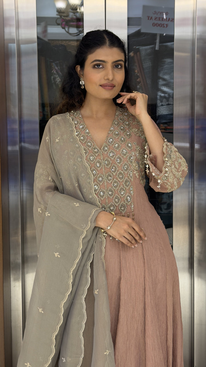 Dusty Rose Embroidered Anarkali Suit Set with Grey Designer Dupatta
